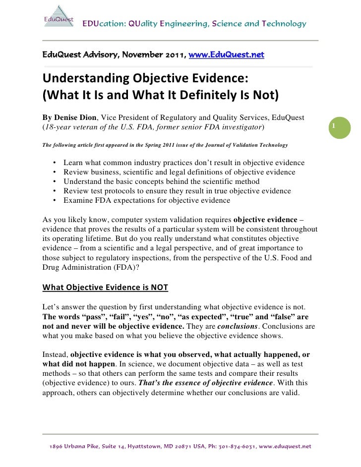 What Is Objective Evidence Eduquest Fda Compliance Advisory