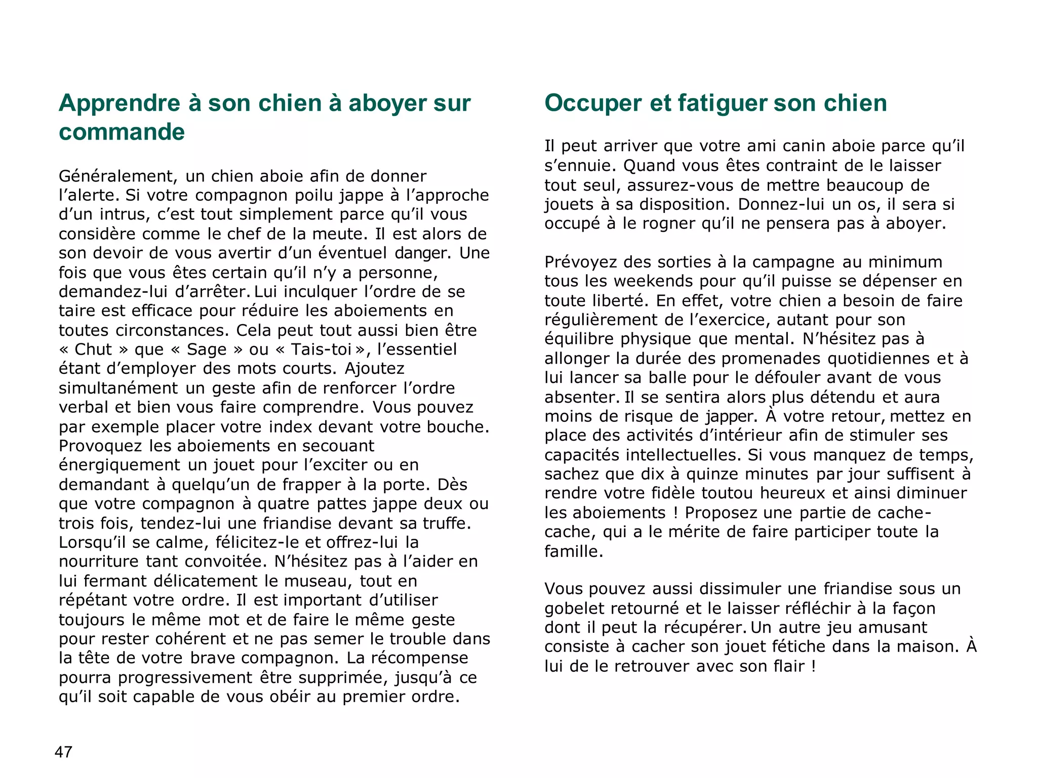 47
Apprendre à son chien à aboyer sur
commande
Généralement, un chien aboie afin de donner
l’alerte. Si votre compagnon poilu jappe à l’approche
d’un intrus, c’est tout simplement parce qu’il vous
considère comme le chef de la meute. Il est alors de
son devoir de vous avertir d’un éventuel danger. Une
fois que vous êtes certain qu’il n’y a personne,
demandez-lui d’arrêter. Lui inculquer l’ordre de se
taire est efficace pour réduire les aboiements en
toutes circonstances. Cela peut tout aussi bien être
« Chut » que « Sage » ou « Tais-toi », l’essentiel
étant d’employer des mots courts. Ajoutez
simultanément un geste afin de renforcer l’ordre
verbal et bien vous faire comprendre. Vous pouvez
par exemple placer votre index devant votre bouche.
Provoquez les aboiements en secouant
énergiquement un jouet pour l’exciter ou en
demandant à quelqu’un de frapper à la porte. Dès
que votre compagnon à quatre pattes jappe deux ou
trois fois, tendez-lui une friandise devant sa truffe.
Lorsqu’il se calme, félicitez-le et offrez-lui la
nourriture tant convoitée. N’hésitez pas à l’aider en
lui fermant délicatement le museau, tout en
répétant votre ordre. Il est important d’utiliser
toujours le même mot et de faire le même geste
pour rester cohérent et ne pas semer le trouble dans
la tête de votre brave compagnon. La récompense
pourra progressivement être supprimée, jusqu’à ce
qu’il soit capable de vous obéir au premier ordre.
Occuper et fatiguer son chien
Il peut arriver que votre ami canin aboie parce qu’il
s’ennuie. Quand vous êtes contraint de le laisser
tout seul, assurez-vous de mettre beaucoup de
jouets à sa disposition. Donnez-lui un os, il sera si
occupé à le rogner qu’il ne pensera pas à aboyer.
Prévoyez des sorties à la campagne au minimum
tous les weekends pour qu’il puisse se dépenser en
toute liberté. En effet, votre chien a besoin de faire
régulièrement de l’exercice, autant pour son
équilibre physique que mental. N’hésitez pas à
allonger la durée des promenades quotidiennes et à
lui lancer sa balle pour le défouler avant de vous
absenter. Il se sentira alors plus détendu et aura
moins de risque de japper. À votre retour, mettez en
place des activités d’intérieur afin de stimuler ses
capacités intellectuelles. Si vous manquez de temps,
sachez que dix à quinze minutes par jour suffisent à
rendre votre fidèle toutou heureux et ainsi diminuer
les aboiements ! Proposez une partie de cache-
cache, qui a le mérite de faire participer toute la
famille.
Vous pouvez aussi dissimuler une friandise sous un
gobelet retourné et le laisser réfléchir à la façon
dont il peut la récupérer. Un autre jeu amusant
consiste à cacher son jouet fétiche dans la maison. À
lui de le retrouver avec son flair !
 