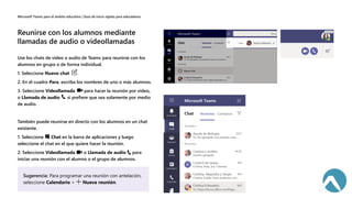 Use los chats de vídeo o audio de Teams para reunirse con los
alumnos en grupo o de forma individual.
1. Seleccione Nuevo chat .
2. En el cuadro Para, escriba los nombres de uno o más alumnos.
3. Seleccione Videollamada para hacer la reunión por vídeo,
o Llamada de audio si prefiere que sea solamente por medio
de audio.
También puede reunirse en directo con los alumnos en un chat
existente.
1. Seleccione Chat en la barra de aplicaciones y luego
seleccione el chat en el que quiere hacer la reunión.
2. Seleccione Videollamada o Llamada de audio para
iniciar una reunión con el alumno o el grupo de alumnos.
 