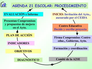 INICIO:  Invitación del Ayto., asesorado por el CEIDA Presentan Compromisos y propuestas de mejora en el Ayto. Centro Educativo Decide y escribe proyecto AGENDA 21 ESCOLAR: PROCEDIMIENTO Comité de la A21E Formación y coordinación DIAGNÓSTICO OBJETIVOS INDICADORES PLAN DE ACCIÓN Firma Compromiso: Centro educ., Gobierno, Ayto. EVALUACIÓN e Informe 