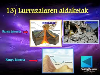 13) Lurrazalaren aldaketak
SUMENDIAK LURRIKARAK
Barne jatorria
Kanpo jatorria
 