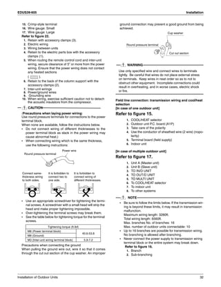EDUS39-605 Installation
Installation of Outdoor Units 32
15. Crimp-style terminal
16. Wire gauge: Small
17. Wire gauge: Large
Refer to figure 22.
1. Retain with accessory clamps (3).
2. Electric wiring
3. Wiring between units
4. Retain to the electric parts box with the accessory
clamps (1).
5. When routing the remote control cord and inter-unit
wiring, secure clearance of 5” or more from the power
wiring. Ensure that the power wiring does not contact
any heated sections
( ).
6. Retain to the back of the column support with the
accessory clamps (2).
7. Inter-unit wirings
8. Power/ground wires
9. Grounding wire
10. When wiring, exercise sufficient caution not to detach
the acoustic insulators from the compressor.
CAUTION
〈Precautions when laying power wiring〉
Use round pressure terminals for connections to the power
terminal block.
When none are available, follow the instructions below.
• Do not connect wiring of different thicknesses to the
power terminal block as slack in the power wiring may
cause abnormal heat.)
• When connecting wiring which is the same thickness,
use the following instructions:
• Use an appropriate screwdriver for tightening the termi-
nal screws. A screwdriver with a small head will strip the
head and make proper tightening impossible.
• Over-tightening the terminal screws may break them.
• See the table below for tightening torque for the terminal
screws.
Precautions when connecting the ground
When pulling the ground wire out, wire it so that it comes
through the cut out section of the cup washer. An improper
ground connection may prevent a good ground from being
achieved.
WARNING
Use only specified wire and connect wires to terminals
tightly. Be careful that wires do not place external stress
on terminals. Keep wires in neat order so as to not to
obstruct other equipment. Incomplete connections could
result in overheating, and in worse cases, electric shock
or fire.
Field line connection: transmission wiring and cool/heat
selection
[In case of one outdoor unit]
Refer to figure 15.
1. COOL/HEAT selector
2. Outdoor unit P.C. board (A1P)
3. Take care of the polarity
4. Use the conductor of sheathed wire (2 wire) (nopo-
larity)
5. Terminal board (field supply)
6. Indoor unit
[In case of multiple outdoor unit]
Refer to figure 17.
1. Unit A (Master unit)
2. Unit B (Slave unit)
3. TO IN/D UNIT
4. TO OUT/D UNIT
5. TO MULTI UNIT
6. To COOL/HEAT selector
7. To indoor unit
8. To other systems
NOTE
• Be sure to follow the limits below. If the transmission wir-
ing is beyond these limits, it may result in transmission
malfunction.
Maximum wiring length: 3280ft.
Total wiring length: 6560ft.
Max. branches No. of branches: 16
Max. number of outdoor units connectable: 10
• Up to 16 branches are possible for transmission wiring.
No branching is allowed after branching.
• Never connect the power supply to transmission wiring
terminal block or the entire system may break down.
Refer to figure 16.
1. Branch
2. Sub-branching
Tightening torque (ft.Ibf)
M8 (Power terminal block)
40.6-53.8
M8 (Ground)
M3 (Inter-unit wiring terminal block) 5.9-7.2
Connect same-
thickness wiring
to both sides.
Power wire
Round pressure terminal
It is forbidden to
connect two to
one side.
It is forbidden to
connect wiring of
different thicknesses.
Round pressure terminal
Cup washer
Cut out section
 