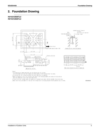 EDUS39-605 Foundation Drawing
Installation of Outdoor Units 3
2. Foundation Drawing
RXYQ72/96MTJU
REYQ72/96MTJU
3D042653A
 