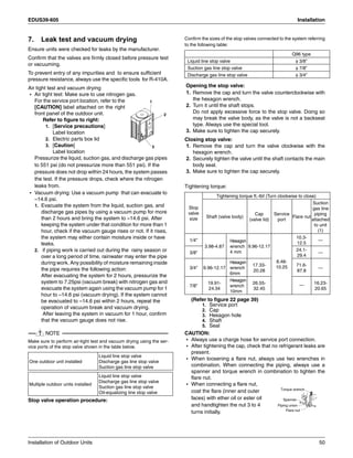 EDUS39-605 Installation
Installation of Outdoor Units 50
7. Leak test and vacuum drying
Ensure units were checked for leaks by the manufacturer.
Confirm that the valves are firmly closed before pressure test
or vacuuming.
To prevent entry of any impurities and to ensure sufficient
pressure resistance, always use the specific tools for R-410A.
Air tight test and vacuum drying
• Air tight test: Make sure to use nitrogen gas.
For the service port location, refer to the
[CAUTION] label attached on the right
front panel of the outdoor unit.
Refer to figure to right:
1. [Service precautions]
Label location
2. Electric parts box lid
3. [Caution]
Label location
Pressurize the liquid, suction gas, and discharge gas pipes
to 551 psi (do not pressurize more than 551 psi). If the
pressure does not drop within 24 hours, the system passes
the test. If the pressure drops, check where the nitrogen
leaks from.
• Vacuum drying: Use a vacuum pump that can evacuate to
–14.6 psi.
1. Evacuate the system from the liquid, suction gas, and
discharge gas pipes by using a vacuum pump for more
than 2 hours and bring the system to –14.6 psi. After
keeping the system under that condition for more than 1
hour, check if the vacuum gauge rises or not. If it rises,
the system may either contain moisture inside or have
leaks.
2. if piping work is carried out during the rainy season or
over a long period of time, rainwater may enter the pipe
during work. Any possibility of moisture remaining inside
the pipe requires the following action:
After evacuating the system for 2 hours, pressurize the
system to 7.25psi (vacuum break) with nitrogen gas and
evacuate the system again using the vacuum pump for 1
hour to –14.6 psi (vacuum drying). If the system cannot
be evacuated to –14.6 psi within 2 hours, repeat the
operation of vacuum break and vacuum drying.
After leaving the system in vacuum for 1 hour, confirm
that the vacuum gauge does not rise.
NOTE
Make sure to perform air-tight test and vacuum drying using the ser-
vice ports of the stop valve shown in the table below.
Stop valve operation procedure:
Confirm the sizes of the stop valves connected to the system referring
to the following table:
Opening the stop valve:
1. Remove the cap and turn the valve counterclockwise with
the hexagon wrench.
2. Turn it until the shaft stops.
Do not apply excessive force to the stop valve. Doing so
may break the valve body, as the valve is not a backseat
type. Always use the special tool.
3. Make sure to tighten the cap securely.
Closing stop valve:
1. Remove the cap and turn the valve clockwise with the
hexagon wrench.
2. Securely tighten the valve until the shaft contacts the main
body seal.
3. Make sure to tighten the cap securely.
Tightening torque:
(Refer to figure 22 page 39)
1. Service port
2. Cap
3. Hexagon hole
4. Shaft
5. Seal
CAUTION:
• Always use a charge hose for service port connection.
• After tightening the cap, check that no refrigerant leaks are
present.
• When loosening a flare nut, always use two wrenches in
combination. When connecting the piping, always use a
spanner and torque wrench in combination to tighten the
flare nut.
• When connecting a flare nut,
coat the flare (inner and outer
faces) with ether oil or ester oil
and handtighten the nut 3 to 4
turns initially.
One outdoor unit installed
Liquid line stop valve
Discharge gas line stop valve
Suction gas line stop valve
Multiple outdoor units installed
Liquid line stop valve
Discharge gas line stop valve
Suction gas line stop valve
Oil-equalizing line stop valve
1
3
2
Q96 type
Liquid line stop valve φ 3/8”
Suction gas line stop valve φ 7/8”
Discharge gas line stop valve φ 3/4”
Stop
valve
size
Tightening torque ft.-Ibf (Turn clockwise to close)
Shaft (valve body)
Cap
(valve lid)
Service
port
Flare nut
Suction
gas line
piping
attached
to unit
(1)
1/4”
3.98-4.87
Hexagon
wrench
4 mm
9.96-12.17
8.48-
10.25
10.3-
12.5
—
3/8”
24.1-
29.4
—
3/4” 9.96-12.17
Hexagon
wrench
6mm
17.33-
20.28
71.6-
87.8
—
7/8”
19.91-
24.34
Hexagon
wrench
10mm
26.55-
32.45
— 16.23-
20.65
Torque wrench
Spanner
Piping union
Flare nut
 