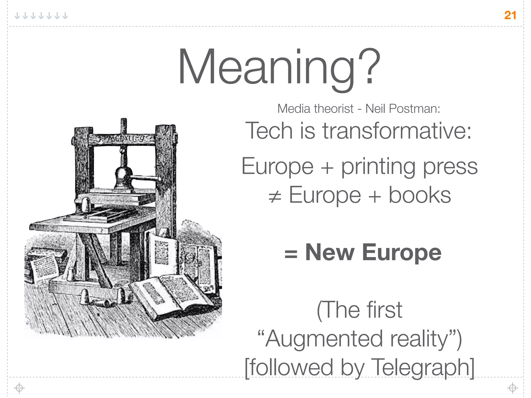 21




Meaning?
     Media theorist - Neil Postman:

  Tech is transformative:
  Europe + printing press
    ≠ Europe + books

      = New Europe

          (The ﬁrst
    “Augmented reality”)
  [followed by Telegraph]
 