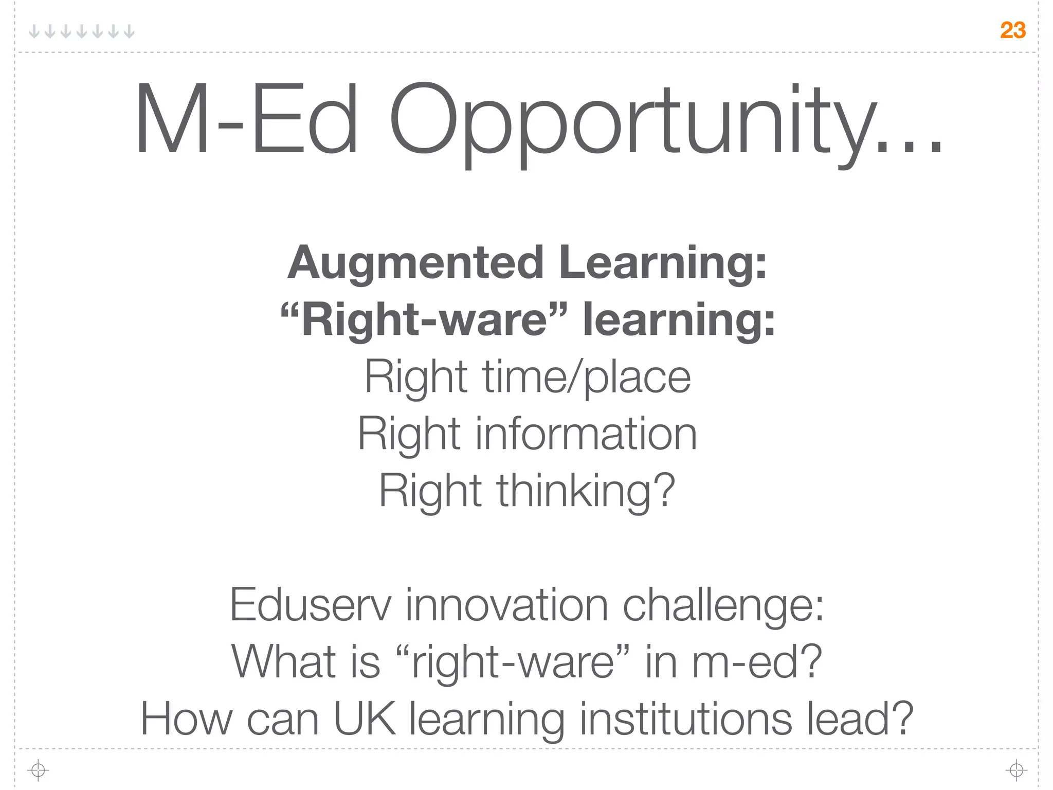 23



M-Ed Opportunity...
      Augmented Learning:
      “Right-ware” learning:
          Right time/place
         Right information
          Right thinking?

   Eduserv innovation challenge:
   What is “right-ware” in m-ed?
How can UK learning institutions lead?
 