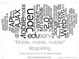 1




“Mobile, mobile, mobile!”
       @pgolding
  Eduserv Symposium 2010: The Mobile University
          http://wirelesswanders.com       Copyright Paul Golding, 2010
 