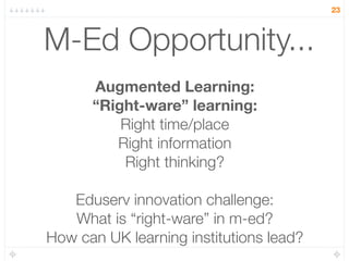 23



M-Ed Opportunity...
      Augmented Learning:
      “Right-ware” learning:
          Right time/place
         Right information
          Right thinking?

   Eduserv innovation challenge:
   What is “right-ware” in m-ed?
How can UK learning institutions lead?
 