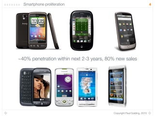Smartphone proliferation                                               4




~40% penetration within next 2-3 years, 80% new sales




                                          Copyright Paul Golding, 2010
 