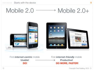 Starts with the device                                                      5



Mobile 2.0                             Mobile 2.0+




 First internet-centric mobile   First internet-friendly mobile
            Usable!                        Productive!
              DO!                      DO MORE, FASTER!

                                                  Copyright Paul Golding, 2010
 