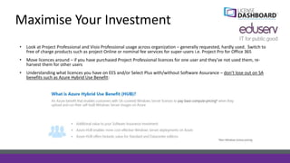 Maximise Your Investment
• Look at Project Professional and Visio Professional usage across organization – generally requested, hardly used. Switch to
free of charge products such as project Online or nominal fee services for super-users i.e. Project Pro for Office 365
• Move licences around – if you have purchased Project Professional licences for one user and they’ve not used them, re-
harvest them for other users
• Understanding what licences you have on EES and/or Select Plus with/without Software Assurance – don’t lose out on SA
benefits such as Azure Hybrid Use Benefit:
 