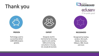 Thank you
PROVEN EXPERT RECOGNIZED
Technology used to
successfully deliver
1,000 SAM projects
globally
Designed, built &
maintained by licensing
experts and used by
SAM and licensing
consultants in Europe,
US, Canada & Australia
Recognized by leading
vendors; Microsoft,
Adobe, Symantec,
VMware, IBM, Oracle
and more
 