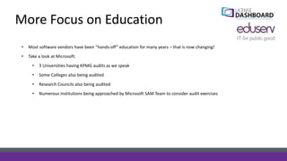 More Focus on Education
• Most software vendors have been “hands-off” education for many years – that is now changing!
• Take a look at Microsoft:
• 3 Universities having KPMG audits as we speak
• Some Colleges also being audited
• Research Councils also being audited
• Numerous institutions being approached by Microsoft SAM Team to consider audit exercises
 