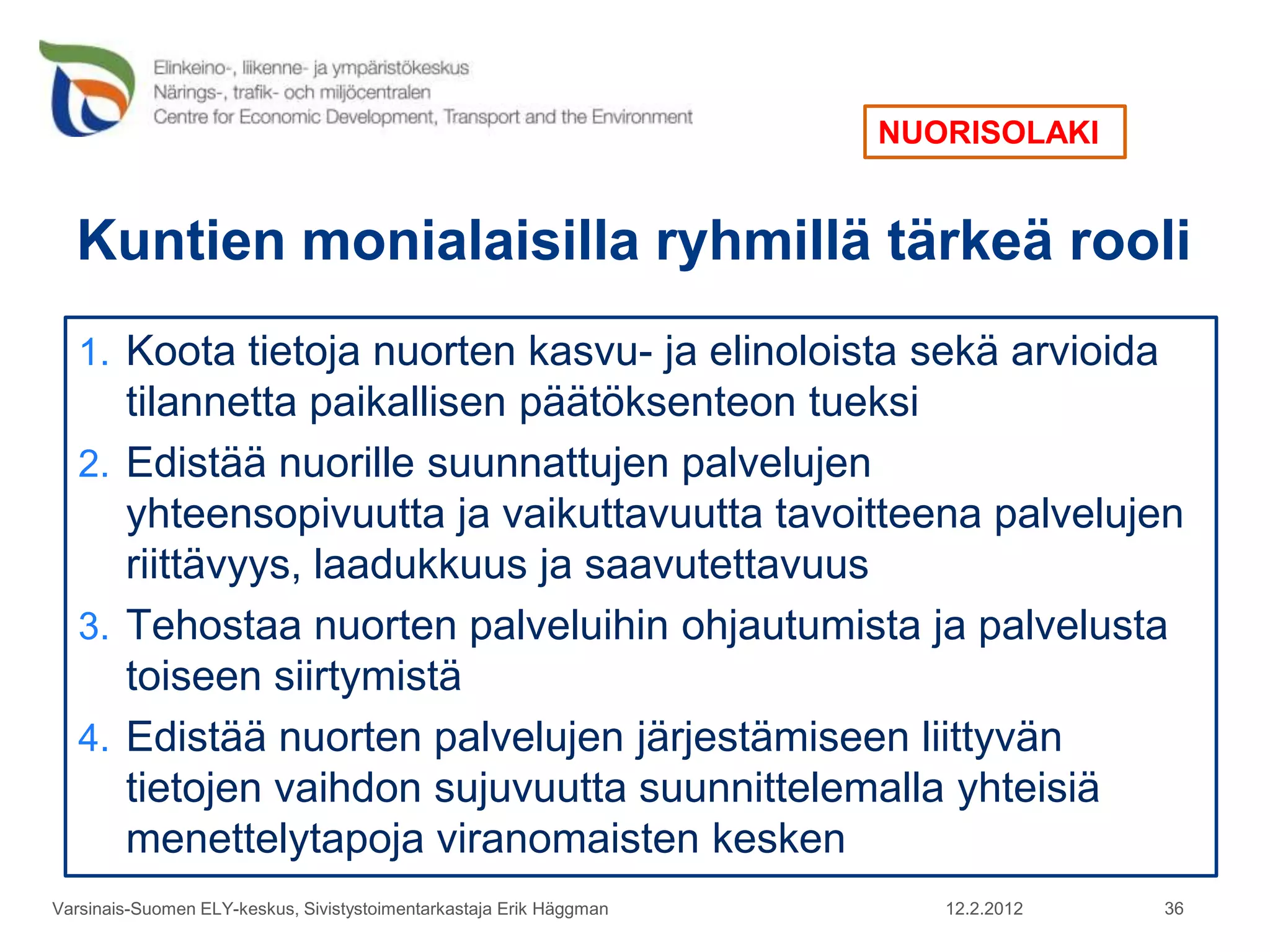 NUORISOLAKI


  Kuntien monialaisilla ryhmillä tärkeä rooli
   1. Koota tietoja nuorten kasvu- ja elinoloista sekä arvioida
      tilannetta paikallisen päätöksenteon tueksi
   2. Edistää nuorille suunnattujen palvelujen
      yhteensopivuutta ja vaikuttavuutta tavoitteena palvelujen
      riittävyys, laadukkuus ja saavutettavuus
   3. Tehostaa nuorten palveluihin ohjautumista ja palvelusta
      toiseen siirtymistä
   4. Edistää nuorten palvelujen järjestämiseen liittyvän
      tietojen vaihdon sujuvuutta suunnittelemalla yhteisiä
      menettelytapoja viranomaisten kesken
Varsinais-Suomen ELY-keskus, Sivistystoimentarkastaja Erik Häggman      12.2.2012   36
 