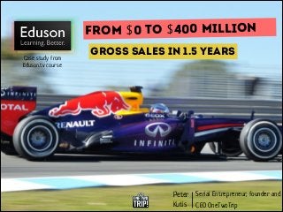 From $0 to $400 million
Case study from
Eduson.tv course

gross sales in 1.5 years

Peter Serial Entrepreneur, founder and
Kutis CEO OneTwoTrip

 
