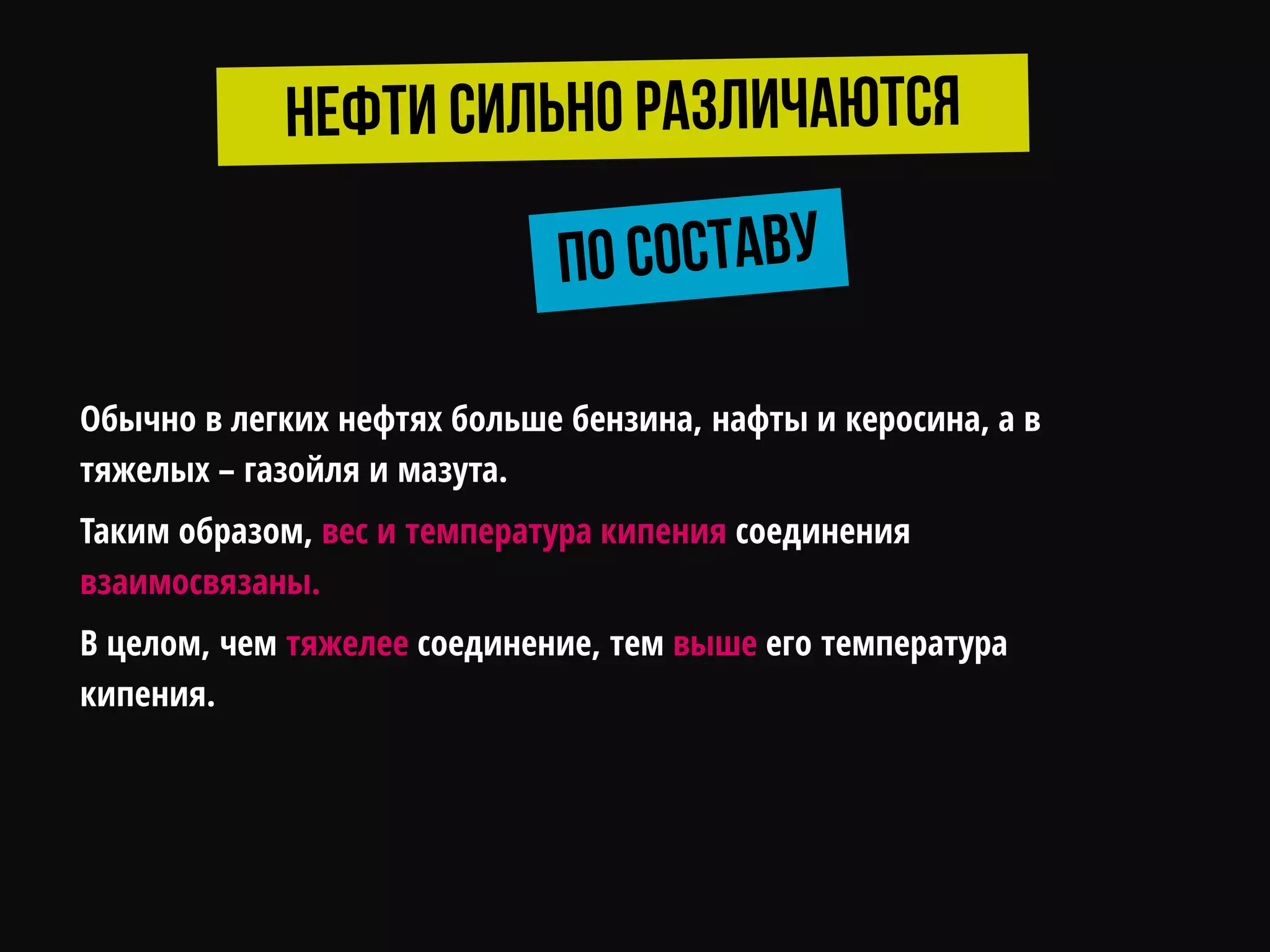 Обычно в легких нефтях больше бензина, нафты и керосина, а в
тяжелых – газойля и мазута.
Таким образом, вес и температура кипения соединения
взаимосвязаны.
В целом, чем тяжелее соединение, тем выше его температура
кипения.
 