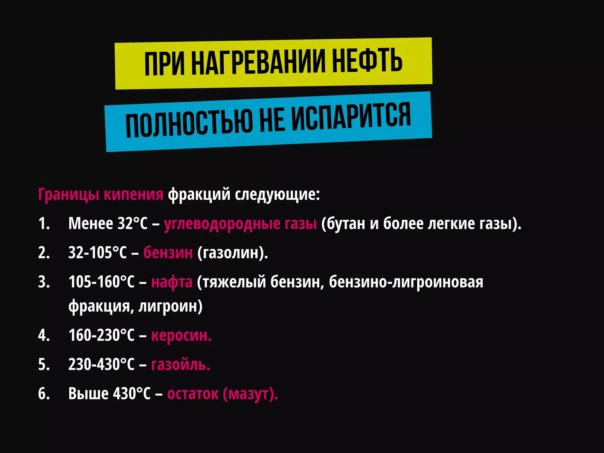 Границы кипения фракций следующие:
1. Менее 32°С – углеводородные газы (бутан и более легкие газы).
2. 32-105°С – бензин (газолин).
3. 105-160°С – нафта (тяжелый бензин, бензино-лигроиновая
фракция, лигроин)
4. 160-230°С – керосин.
5. 230-430°С – газойль.
6. Выше 430°С – остаток (мазут).
 
