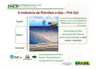 Estratégia Nacional 2012 – 2015
        Ciência, Tecnologia e Inovação



       A Indústria de Petróleo e Gás – Pré-Sal
                                                               Empresas brasileiras atuam há mais de
                                                               50 anos em projetos para a indústria de
     Topside
                                                                 Petróleo e Gás, incluindo plataformas
                                                                                          de produção


                                                                    Necessidade de obter
     Subsea                                                       participação de Empresas
                                                               nacionais para atuação no setor
                                                                     subsea e downhole


     Downhole


                                         Uso do poder de compra do
         +                               Estado + financiamento a
                                         inovação de forma integrada

20
 