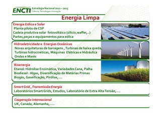 Estratégia Nacional 2012 – 2015
             Ciência, Tecnologia e Inovação


                                              Energia Limpa
Energia Eólica e Solar
Planta piloto de CSP
Cadeia produtiva solar fotovoltáico (silício,waffer,..)
Partes,peças e equipamentos para eólica

Hidroeletricidade e Energias Oceânicas
Novas arquiteturas de barragens , Turbinas de baixa queda,
Turbinas hidrocinéticas, Máquinas Elétricas e Hidráulica
Ondas e Marés

Bioenergia
Etanol: Hidrolise Enzimática, Variedades Cana, Palha
Biodiesel : Algas, Diversificação de Matérias Primas
Biogás, Gaseificação, Pirólise,….

Smart Grid , Transmissão Energia
Laboratórios Smart Grids, Estudos, Laboratório de Extra Alta Tensão,….

Cooperação Internacional
UK, Canada, Alemanha,…..
 