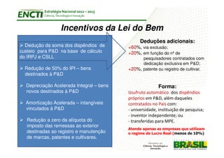 Estratégia Nacional 2012 – 2015
          Ciência, Tecnologia e Inovação



                      Incentivos da Lei do Bem
                                                  Deduções adicionais:
  Dedução da soma dos dispêndios de         +60%, via exclusão;
custeio para P&D na base de cálculo         +20%, em função do nº de
do IRPJ e CSLL                              .............pesquisadores contratados com
                                            .............dedicação exclusiva em P&D;
  Redução de 50% do IPI – bens              +20%, patente ou registro de cultivar.
  destinados à P&D

  Depreciação Acelerada Integral – bens                     Forma:
  novos destinados à P&D                    Usufruto automático dos dispêndios
                                            próprios em P&D, além daqueles
  Amortização Acelerada – intangíveis       contratados no País com:
  vinculados à P&D                          - universidade, instituição de pesquisa;
                                            - inventor independente; ou
  Redução a zero da alíquota do             - transferidas para MPE.
  imposto das remessas ao exterior
                                            Atende apenas as empresas que utilizam
  destinadas ao registro e manutenção       o regime de Lucro Real (menos de 10%)
  de marcas, patentes e cultivares.
 