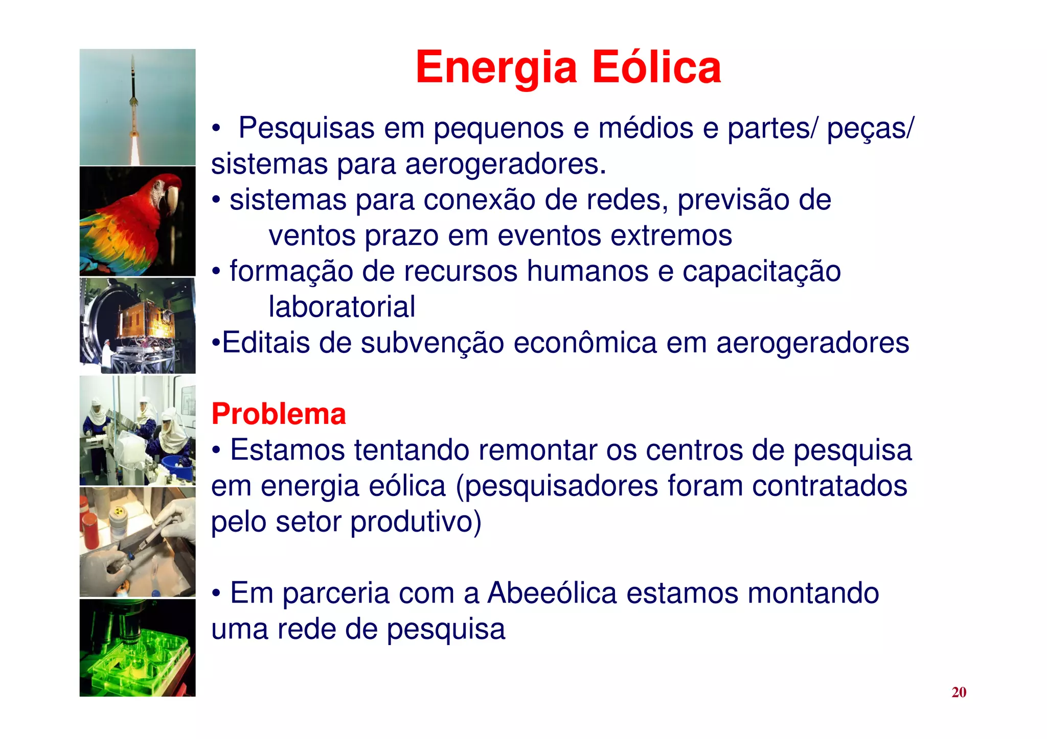 Energia Eólica
• Pesquisas em pequenos e médios e partes/ peças/
sistemas para aerogeradores.
• sistemas para conexão de redes, previsão de
     ventos prazo em eventos extremos
• formação de recursos humanos e capacitação
     laboratorial
•Editais de subvenção econômica em aerogeradores

Problema
• Estamos tentando remontar os centros de pesquisa
em energia eólica (pesquisadores foram contratados
pelo setor produtivo)

• Em parceria com a Abeeólica estamos montando
uma rede de pesquisa
                                                     20
 
