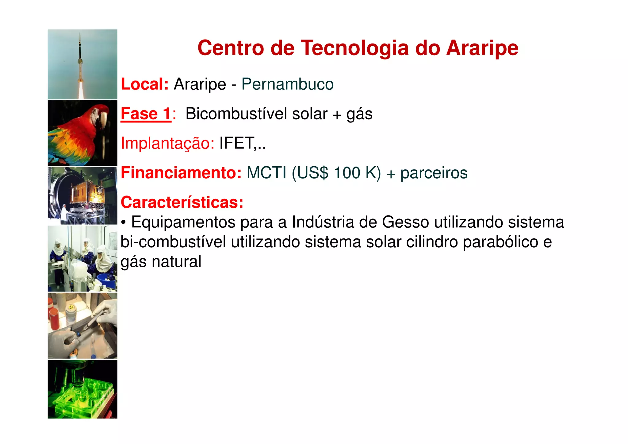 Centro de Tecnologia do Araripe
Local: Araripe - Pernambuco
Fase 1: Bicombustível solar + gás
Implantação: IFET,..
Financiamento: MCTI (US$ 100 K) + parceiros
Características:
• Equipamentos para a Indústria de Gesso utilizando sistema
bi-combustível utilizando sistema solar cilindro parabólico e
gás natural
 