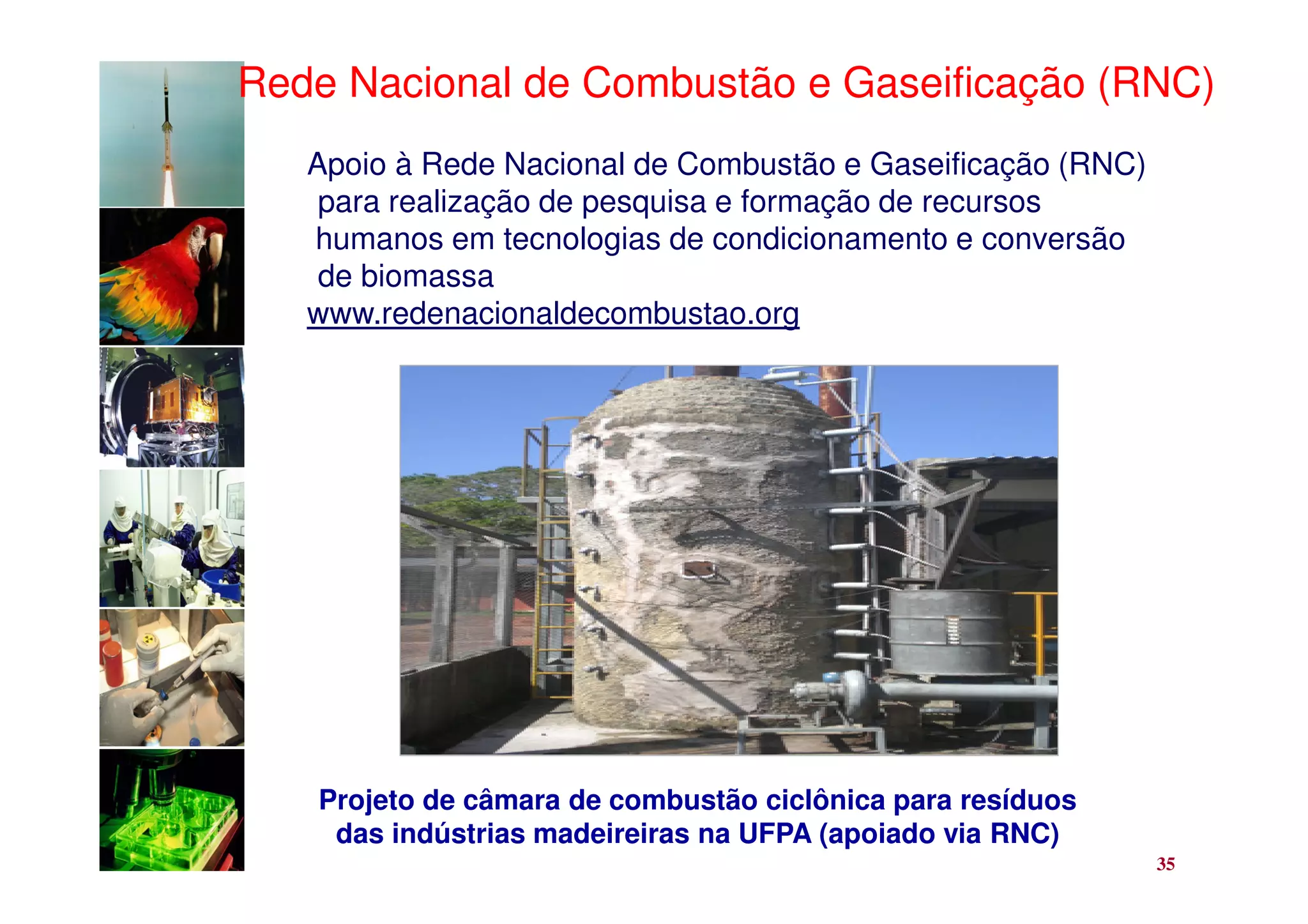 Rede Nacional de Combustão e Gaseificação (RNC)
   Apoio à Rede Nacional de Combustão e Gaseificação (RNC)
    para realização de pesquisa e formação de recursos
   humanos em tecnologias de condicionamento e conversão
    de biomassa
   www.redenacionaldecombustao.org




   Projeto de câmara de combustão ciclônica para resíduos
    das indústrias madeireiras na UFPA (apoiado via RNC)
                                                             35
 