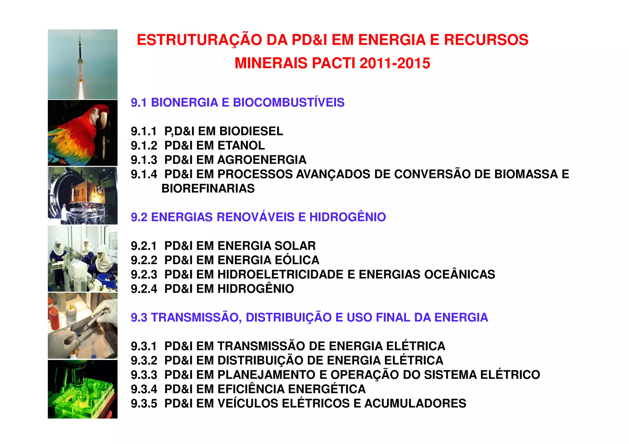 ESTRUTURAÇÃO DA PD&I EM ENERGIA E RECURSOS
                 MINERAIS PACTI 2011-2015

9.1 BIONERGIA E BIOCOMBUSTÍVEIS

9.1.1   P,D&I EM BIODIESEL
9.1.2   PD&I EM ETANOL
9.1.3   PD&I EM AGROENERGIA
9.1.4   PD&I EM PROCESSOS AVANÇADOS DE CONVERSÃO DE BIOMASSA E
        BIOREFINARIAS

9.2 ENERGIAS RENOVÁVEIS E HIDROGÊNIO

9.2.1   PD&I EM ENERGIA SOLAR
9.2.2   PD&I EM ENERGIA EÓLICA
9.2.3   PD&I EM HIDROELETRICIDADE E ENERGIAS OCEÂNICAS
9.2.4   PD&I EM HIDROGÊNIO

9.3 TRANSMISSÃO, DISTRIBUIÇÃO E USO FINAL DA ENERGIA

9.3.1   PD&I EM TRANSMISSÃO DE ENERGIA ELÉTRICA
9.3.2   PD&I EM DISTRIBUIÇÃO DE ENERGIA ELÉTRICA
9.3.3   PD&I EM PLANEJAMENTO E OPERAÇÃO DO SISTEMA ELÉTRICO
9.3.4   PD&I EM EFICIÊNCIA ENERGÉTICA
9.3.5   PD&I EM VEÍCULOS ELÉTRICOS E ACUMULADORES
 