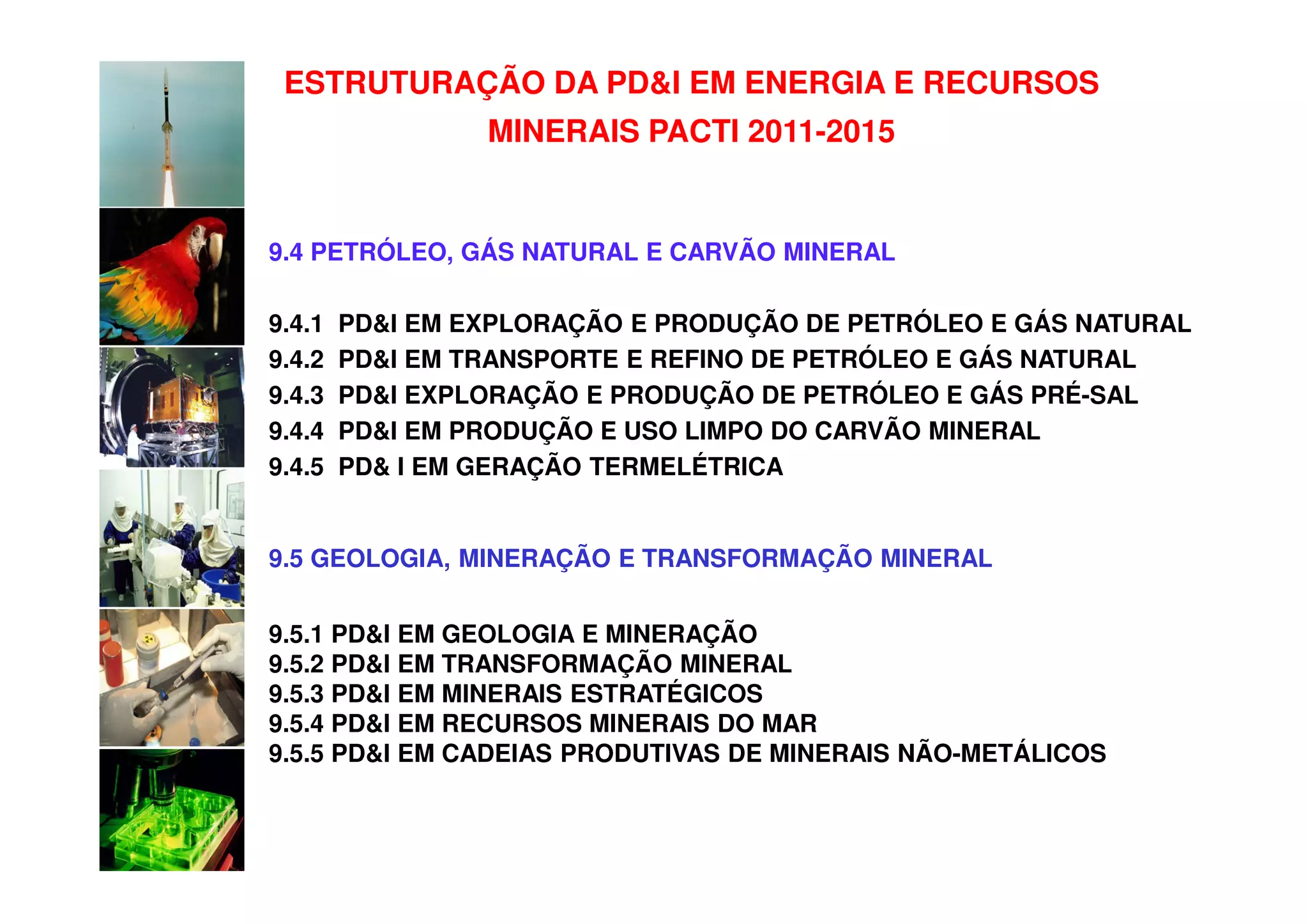 ESTRUTURAÇÃO DA PD&I EM ENERGIA E RECURSOS
                 MINERAIS PACTI 2011-2015


9.4 PETRÓLEO, GÁS NATURAL E CARVÃO MINERAL

9.4.1   PD&I EM EXPLORAÇÃO E PRODUÇÃO DE PETRÓLEO E GÁS NATURAL
9.4.2   PD&I EM TRANSPORTE E REFINO DE PETRÓLEO E GÁS NATURAL
9.4.3   PD&I EXPLORAÇÃO E PRODUÇÃO DE PETRÓLEO E GÁS PRÉ-SAL
9.4.4   PD&I EM PRODUÇÃO E USO LIMPO DO CARVÃO MINERAL
9.4.5   PD& I EM GERAÇÃO TERMELÉTRICA


9.5 GEOLOGIA, MINERAÇÃO E TRANSFORMAÇÃO MINERAL


9.5.1 PD&I EM GEOLOGIA E MINERAÇÃO
9.5.2 PD&I EM TRANSFORMAÇÃO MINERAL
9.5.3 PD&I EM MINERAIS ESTRATÉGICOS
9.5.4 PD&I EM RECURSOS MINERAIS DO MAR
9.5.5 PD&I EM CADEIAS PRODUTIVAS DE MINERAIS NÃO-METÁLICOS
 
