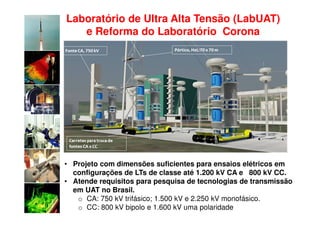 Laboratório de Ultra Alta Tensão (LabUAT)
   e Reforma do Laboratório Corona




• Projeto com dimensões suficientes para ensaios elétricos em
  configurações de LTs de classe até 1.200 kV CA e 800 kV CC.
• Atende requisitos para pesquisa de tecnologias de transmissão
  em UAT no Brasil.
   o CA: 750 kV trifásico; 1.500 kV e 2.250 kV monofásico.
   o CC: 800 kV bipolo e 1.600 kV uma polaridade
 