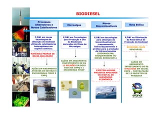 BIODIESEL

    Processos
                                                           Novos
  Alternativos e               Microalgas                                          Rota Etílica
                                                      Biocombustíveis
Novos Catalisadores



     P,D&I em novas         P,D&I em Tecnologias     P,D&I em tecnologias      P,D&I na Otimização
      tecnologias de         para Produção e Uso        para obtenção de         da Rota Etílica de
 obtenção de biodiesel          de Biodieseis          biocombustível por      Produção de biodiesel
utilizando catalisadores    derivados de Óleos de         craqueamento,
    heterogêneos em               Microalgas         hidrocraqueamento e         BIODIESEL MAIS
    regime contínuo;                                pirólise para a produção       RENOVÁVEL
                                                       de hidrocarbonetos
MATÉRIAS PRIMAS DE                                       (BIOGASOLINA,
 BAIXA QUALIDADE                                      BIOQUEROSENE OU
                                                      DIESEL RENOVÁVEL)
                           AÇÕES EM ANDAMENTO:
                                                                                    AÇÕES EM
                            INVESTIMENTO DE R$
                                                                                   ANDAMENTO:
                            11 MILHÕES EM DOIS
                                                                               INVESTIMENTO DE R$
                              EDITAIS CNPQ E 1
AÇÕES EM ANDAMENTO                                                             8 MILHÕES EM EDITAL
                             ENCOMENDA FINEP           EXISTEM ALGUNS
ATRAVÉS DE EDITAIS E                                                           CNPQ – CONTRATAÇÃO
ENCOMENDAS FINEP E                                   PROJETOS APOIADOS          DE 13 PROJETOS DE
       CNPQ                                             VIA EDITAL DE               PESQUISA
                                                         SUBVENÇÃO
                                                         ECONÔMICA
 