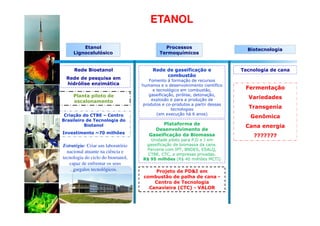 ETANOL

         Etanol                               Processos                        Biotecnologia
     Lignocelulósico                        Termoquímicos


     Rede Bioetanol                      Rede de gaseificação e              Tecnologia de cana
                                              combustão
 Rede de pesquisa em                   Fomento à formação de recursos
 hidrólise enzimática               humanos e o desenvolvimento científico
                                         e tecnológico em combustão,          Fermentação
     Planta piloto de                  gaseificação, pirólise, detonação,
                                        explosão e para a produção de          Variedades
     escalonamento
                                    produtos e co-produtos a partir dessas
                                                  tecnologias                  Transgenia
 Criação do CTBE – Centro                  (em execução há 6 anos)
                                                                                Genômica
Brasileiro de Tecnologia do
          Biotanol                           Plataforma de
                                                                              Cana energia
                                         Desenvolvimento de
Investimento ~70 milhões
                                       Gaseificação da Biomassa                  ???????
                                       Unidade piloto para P,D e I em
Estratégia: Criar um laboratório     gaseificação de biomassa da cana.
                                     Parceria com IPT, BNDES, ESALQ,
  nacional atuante na ciência e
                                      CTBE, CTC, e empresas privadas.
tecnologia do ciclo do bioetanol,   R$ 95 milhões (R$ 40 milhões MCTI)
   capaz de enfrentar os seus
     gargalos tecnológicos.             Projeto de PD&I em
                                    combustão de palha de cana -
                                        Centro de Tecnologia
                                      Canavieira (CTC) - VALOR
 