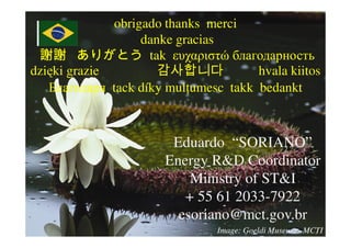 obrigado thanks merci
                   danke gracias
 謝謝 ありがとう tak ευχαριστώ благодарность
dzięki grazie                         hvala kiitos
   Благодаря tack díky mulŃumesc takk bedankt



                        Eduardo “SORIANO”
                       Energy R&D Coordinator
                           Ministry of ST&I
                          + 55 61 2033-7922
                         esoriano@mct.gov.br
                                Image: Goeldi Museum - MCTI
 
