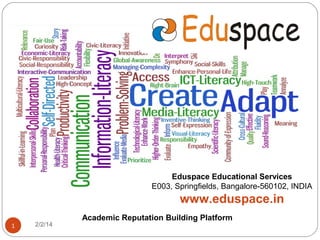 Eduspace Educational Services
E003, Springfields, Bangalore-560102, INDIA

www.eduspace.in
1

2/2/14

Academic Reputation Building Platform

 