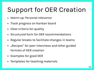 Support for OER Creation
• Warm-up: Personal relevance
• Track progress on Kanban board
• Clear criteria for quality
• Str...