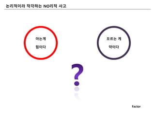 논리적이라 착각하는 NO리적 사고
아는게
힘이다
모르는 게
약이다
Factor
 