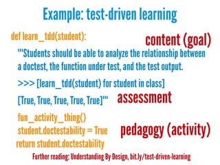 Example: test-driven learning
def learn_tdd(student):

content (goal)

"""Students should be able to analyze the relationship between
a doctest, the function under test, and the test output.
>>> [learn_tdd(student) for student in class]
[True, True, True, True, True]"""

assessment

fun_activity_thing()
student.doctestability = True
return student.doctestability

pedagogy (activity)

Further reading: Understanding By Design, bit.ly/test-driven-learning

 