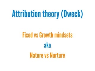 Attribution theory (Dweck)
Fixed vs Growth mindsets
aka
Nature vs Nurture

 