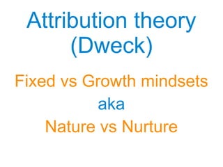 Attribution theory
(Dweck)
Attribution theory
(Dweck)
Fixed vs Growth mindsets
aka
Nature vs Nurture
 
