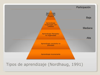 Tipos de aprendizaje (Nordhaug, 1991) Baja Participación  Mediana Alta 