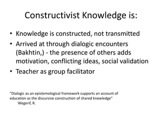 Constructivist Knowledge is:
• Knowledge is constructed, not transmitted
• Arrived at through dialogic encounters
(Bakhtin,) - the presence of others adds
motivation, conflicting ideas, social validation
• Teacher as group facilitator
“Dialogic as an epistemological framework supports an account of
education as the discursive construction of shared knowledge”
Wegerif, R.

 