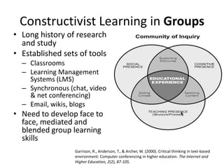 Constructivist Learning in Groups
• Long history of research
and study
• Established sets of tools
– Classrooms
– Learning Management
Systems (LMS)
– Synchronous (chat, video
& net conferencing)
– Email, wikis, blogs

• Need to develop face to
face, mediated and
blended group learning
skills
Garrison, R., Anderson, T., & Archer, W. (2000). Critical thinking in text-based
environment: Computer conferencing in higher education. The Internet and
Higher Education, 2(2), 87-105.

 