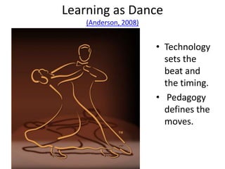 Learning as Dance
(Anderson, 2008)

• Technology
sets the
beat and
the timing.
• Pedagogy
defines the
moves.

 