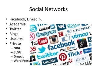 Social Networks
•
•
•
•
•
•

Facebook, LinkedIn,
Academia,
Twitter
Blogs
Listservs
Private
–
–
–
–

NING
ELGG
Drupal,
Word Press

 