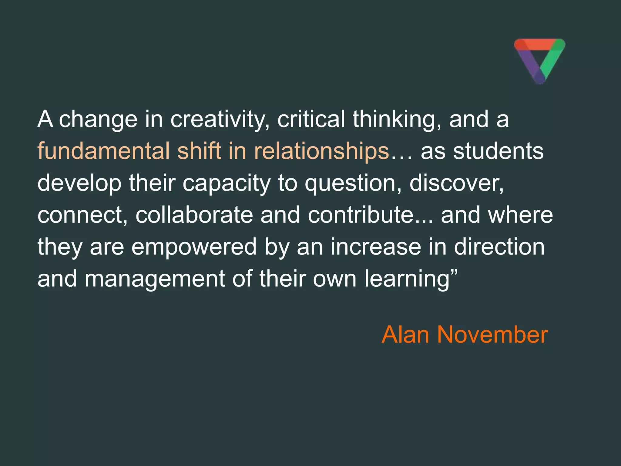 A change in creativity, critical thinking, and a
fundamental shift in relationships… as students
develop their capacity to question, discover,
connect, collaborate and contribute... and where
they are empowered by an increase in direction
and management of their own learning”
Alan November
 
