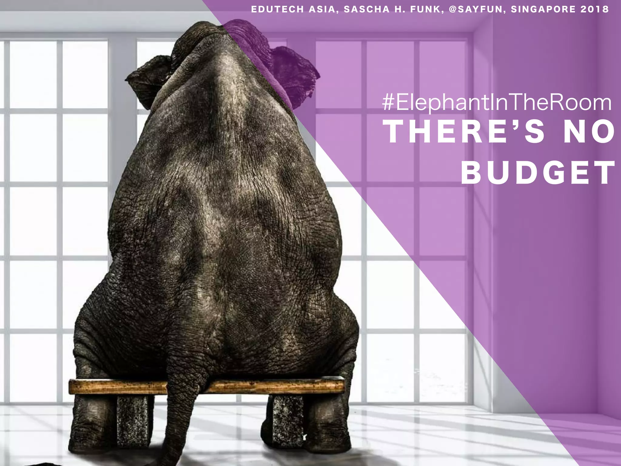T H E R E S N O
B U D G E T
#ElephantInTheRoom
E D U T E C H A S I A , S A S C H A H . F U N K , @ S AY F U N , S I N G A P O R E 2 0 1 8
 