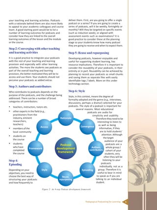 5Pedagogical Podcasting for Learning
your teaching and learning activities. Podcasts
with a rationale behind them are also more likely
to appeal to your academic colleagues and course
team. A good starting point would be to list a
number of learning outcomes for podcasts and
consider how they are linked to the overall
learning outcomes of the lesson and the module
or the course.
Step 2: Converging with other teaching
and learning activities
It is a good practice to integrate your podcasts
with the rest of your teaching and learning
provision and especially with other learning
activities. The more the students see podcasts as
part of the overall teaching and learning
provision, the better motivated they will be to
access and use them. Your students should not
perceive your podcasts as added extras.
Step 3:Authors and contributors
Who contributes to podcasts depends on the
purpose of the podcasts, and the challenge being
addressed. There can be a number of broad
categories of contributors:
• teachers, instructors, tutors etc.
• other experts in the field (e.g.,
practitioners from the
industry, eminent
researchers,
teachers)
• members of the
local community
• students on
the course
• students
who have
completed
the course
Step 4:
Episoding
Depending on your
objectives, you need to
choose the best way of
structuring your podcasts
and how frequently to
deliver them. First, are you going to offer a single
podcast or a series? If you are going to create a
series of podcasts, will it be weekly, fortnightly or
monthly? Will they be targeted on specific events
(such as induction week), or aligned with
assessment events such as examinations? It is
good practice to consider these at the planning
stage so your students know how many podcast
they are going to receive and when to expect them.
Step 5: Reuse and repurposing
Developing podcasts, however enjoyable and
useful for supporting student learning, has
resource implications. Therefore it is important to
consider the reusability of your podcasts, in their
entirety or in part. Reusability can be achieved by
planning to record your podcasts as small chunks
and saving them as separate files with easily
identifiable tags / labels. More on this under
technology section.
Step 6: Style
Style, in this context, means the degree of
formality adopted and the genre (e.g., interviews,
discussions, perhaps a drama!) selected for your
podcasts. The style of a podcast is important for
several reasons. Most educational
podcasts are audio for
simplicity and usability.
Therefore they need to be
interesting to listen to
as well as being
informative, if they
are to hold students’
attention. Although
thetarget
audience of your
podcasts are a
whole group /
cohort of your
students, very
often they will be
listening to your
podcasts
individually, not as a
group. Therefore it is
useful to bear in mind
to speak as if you are
talking to an individual
student.
Figure 2: An 8-step Podcast development framework
 