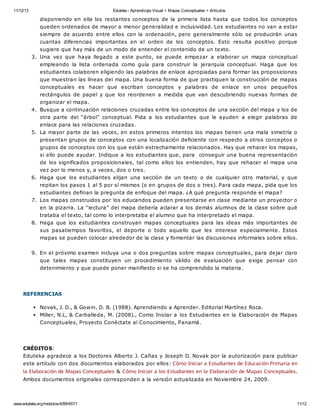 11/12/13 Eduteka - Aprendizaje Visual > Mapas Conceptuales > Artículos 
disponiendo en ella los restantes conceptos de la primera lista hasta que todos los conceptos 
queden ordenados de mayor a menor generalidad e inclusividad. Los estudiantes no van a estar 
siempre de acuerdo entre ellos con la ordenación, pero generalmente sólo se producirán unas 
cuantas diferencias importantes en el orden de los conceptos. Esto resulta positivo porque 
sugiere que hay más de un modo de entender el contenido de un texto. 
3. Una vez que haya llegado a este punto, se puede empezar a elaborar un mapa conceptual 
empleando la lista ordenada como guía para construir la jerarquía conceptual. Haga que los 
estudiantes colaboren eligiendo las palabras de enlace apropiadas para formar las proposiciones 
que muestran las líneas del mapa. Una buena forma de que practiquen la construcción de mapas 
conceptuales es hacer que escriban conceptos y palabras de enlace en unos pequeños 
rectángulos de papel y que los reordenen a medida que van descubriendo nuevas formas de 
organizar el mapa. 
4. Busque a continuación relaciones cruzadas entre los conceptos de una sección del mapa y los de 
otra parte del “árbol” conceptual. Pida a los estudiantes que le ayuden a elegir palabras de 
enlace para las relaciones cruzadas. 
5. La mayor parte de las veces, en estos primeros intentos los mapas tienen una mala simetría o 
presentan grupos de conceptos con una localización deficiente con respecto a otros conceptos o 
grupos de conceptos con los que están estrechamente relacionados. Hay que rehacer los mapas, 
si ello puede ayudar. Indique a los estudiantes que, para conseguir una buena representación 
de los significados proposicionales, tal como ellos los entienden, hay que rehacer el mapa una 
vez por lo menos y, a veces, dos o tres. 
6. Haga que los estudiantes elijan una sección de un texto o de cualquier otro material, y que 
repitan los pasos 1 al 5 por sí mismos (o en grupos de dos o tres). Para cada mapa, pida que los 
estudiantes definan la pregunta de enfoque del mapa. ¿A qué pregunta responde el mapa? 
7. Los mapas construidos por los educandos pueden presentarse en clase mediante un proyector o 
en la pizarra. La “lectura” del mapa debería aclarar a los demás alumnos de la clase sobre qué 
trataba el texto, tal como lo interpretaba el alumno que ha interpretado el mapa. 
8. Haga que los estudiantes construyan mapas conceptuales para las ideas más importantes de 
sus pasatiempos favoritos, el deporte o todo aquello que les interese especialmente. Estos 
mapas se pueden colocar alrededor de la clase y fomentar las discusiones informales sobre ellos. 
9. En el próximo examen incluya una o dos preguntas sobre mapas conceptuales, para dejar claro 
que tales mapas constituyen un procedimiento válido de evaluación que exige pensar con 
detenimiento y que puede poner manifiesto si se ha comprendido la materia. 
REFERENCIAS 
Novak, J. D., & Gowin, D. B. (1988). Aprendiendo a Aprender. Editorial Martínez Roca. 
Miller, N.L, & Carballeda, M. (2008)., Como Iniciar a los Estudiantes en la Elaboración de Mapas 
Conceptuales, Proyecto Conéctate al Conocimiento, Panamá. 
CRÉDITOS: 
Eduteka agradece a los Doctores Alberto J. Cañas y Joseph D. Novak por la autorización para publicar 
este artículo con dos documentos elaborados por ellos: Cómo Iniciar a Estudiantes de Educación Primaria en 
la Elaboración de Mapas Conceptuales & Cómo Iniciar a los Estudiantes en la Elaboración de Mapas Conceptuales. 
Ambos documentos originales corresponden a la versión actualizada en Noviembre 24, 2009. 
www.eduteka.org/modulos/4/89/457/1 11/12 
 