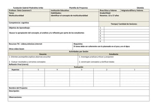 Fundación Gabriel Piedrahita Uribe Plantilla de Proyectos Eduteka
Profesor: Sixta Casanova S Institución Educativa: Área Etica y Valores AsignaturaÈtiva y Valores
Tema:
Multiculturalidad
Habilidades:
Identificar el concepto de multiculturalidad
Grado/Edad:
Novenos. 13 a 17 años
Competencia: cognitiva
Tiempo/ Cantidad de Sesiones:
Objetivo de Aprendizaje:
Buscar la apropiación del concepto ,el análisis y la reflexión,por parte de los estudiantes
1
2
3
4
5
6
Recursos TIC : videos,televisor,internet
Otros video beam
Requisitos
El tema debe ser coherente con lo planeado en el pca y en el dpca
Actividades por Sesión
Docente Estudiante
1. Orientar,acompañar,explicar,observar,escuchar
2. Evaluar resultados y cerramos conceptos
1. Investigan,analizan,critican y proponen
2. construyen conceptos y clarifican dudas
Reflexión Final (cierre):
Evaluación
Aspectos 5 4 3 2 1
Nombre del Proyecto:
Descripción:
Observaciones:
 