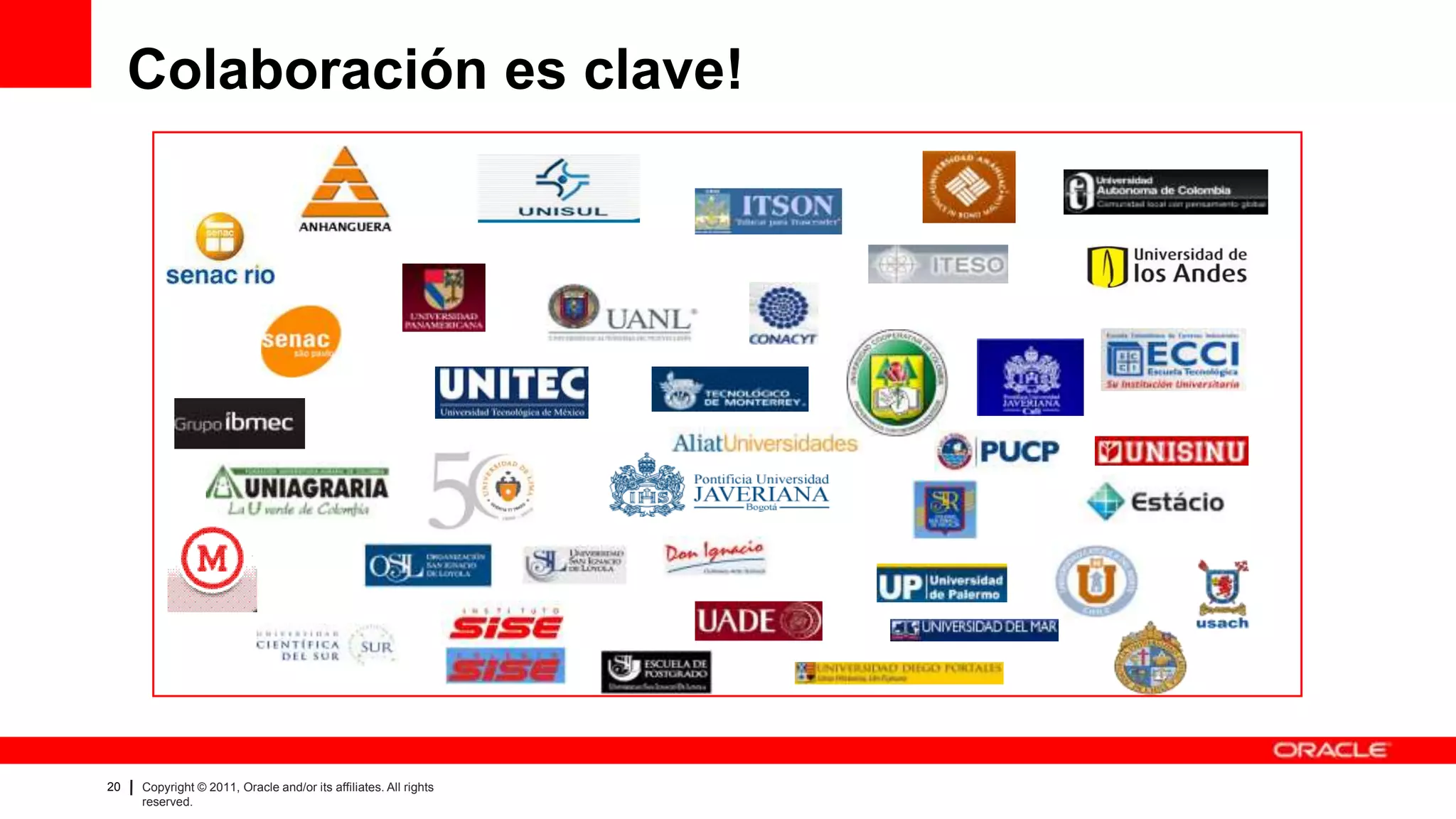 Colaboración es clave!




20   Copyright © 2011, Oracle and/or its affiliates. All rights   Insert Information Protection Policy Classification from Slide 8
     reserved.
 